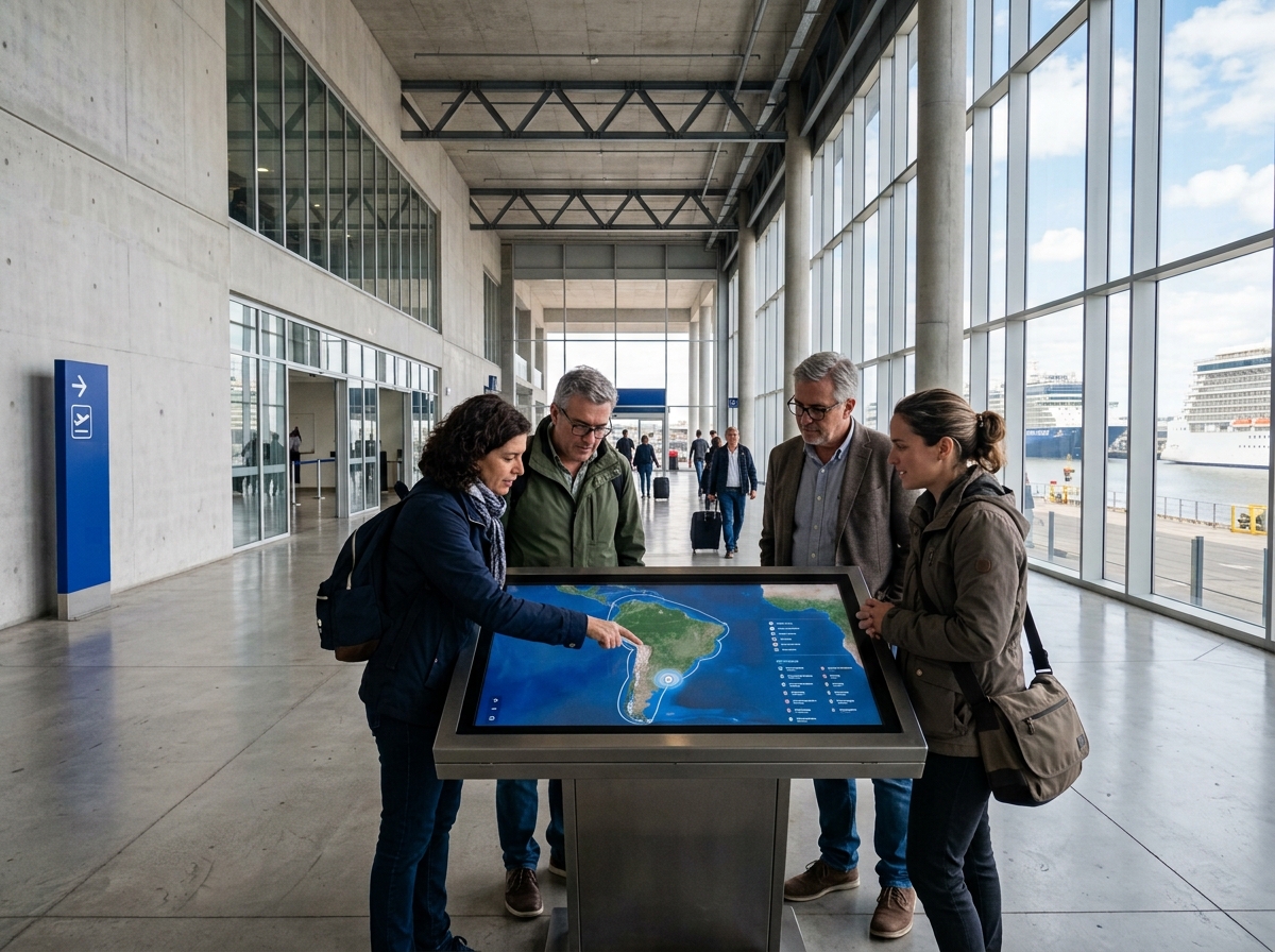 Adult travelers reviewing route information in a modern terminal