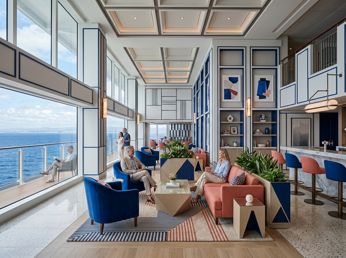 Conceptual view of maritime lounge aboard a modern cruise ship