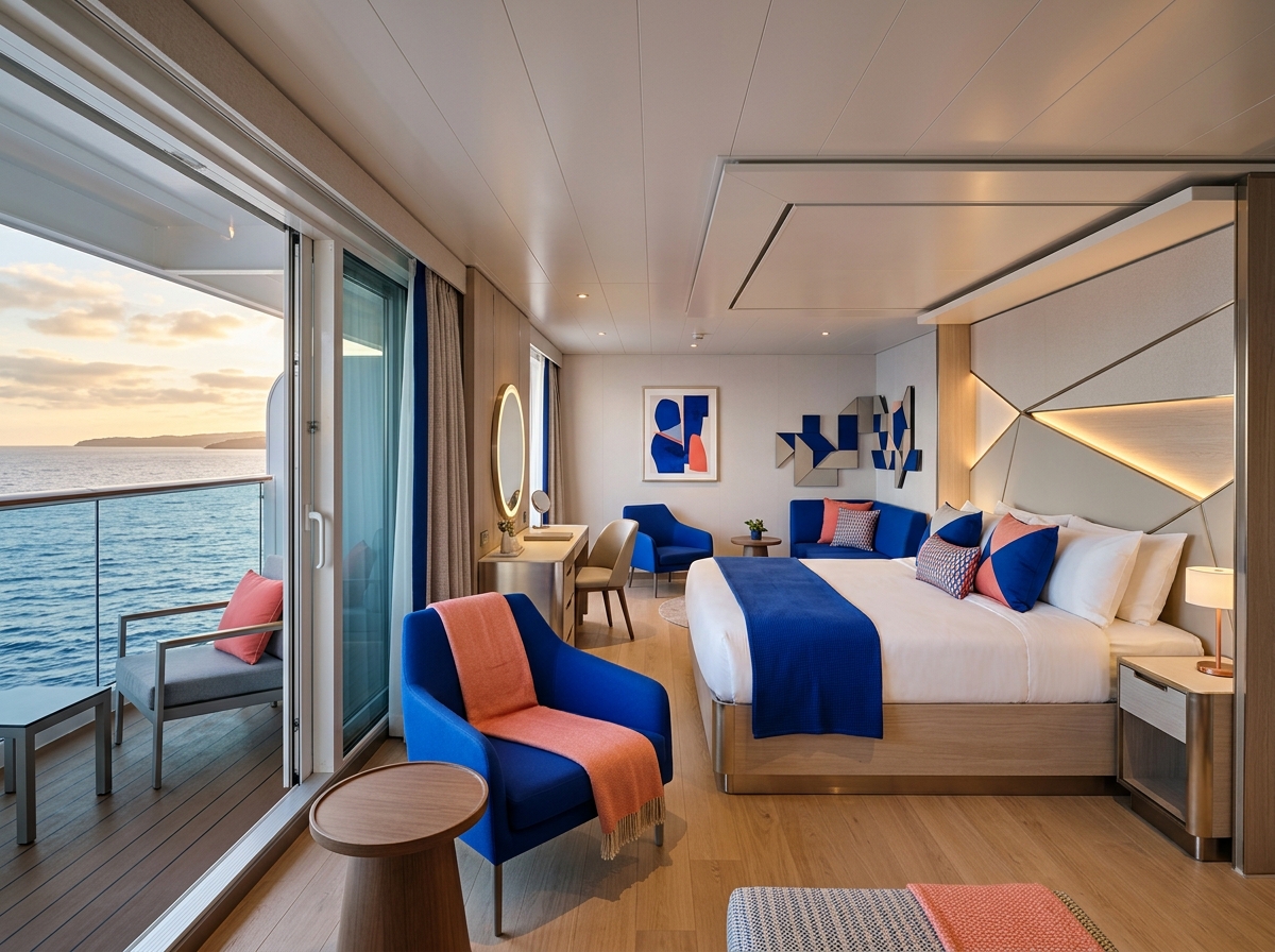 Conceptual view of ocean cabin aboard a modern cruise ship