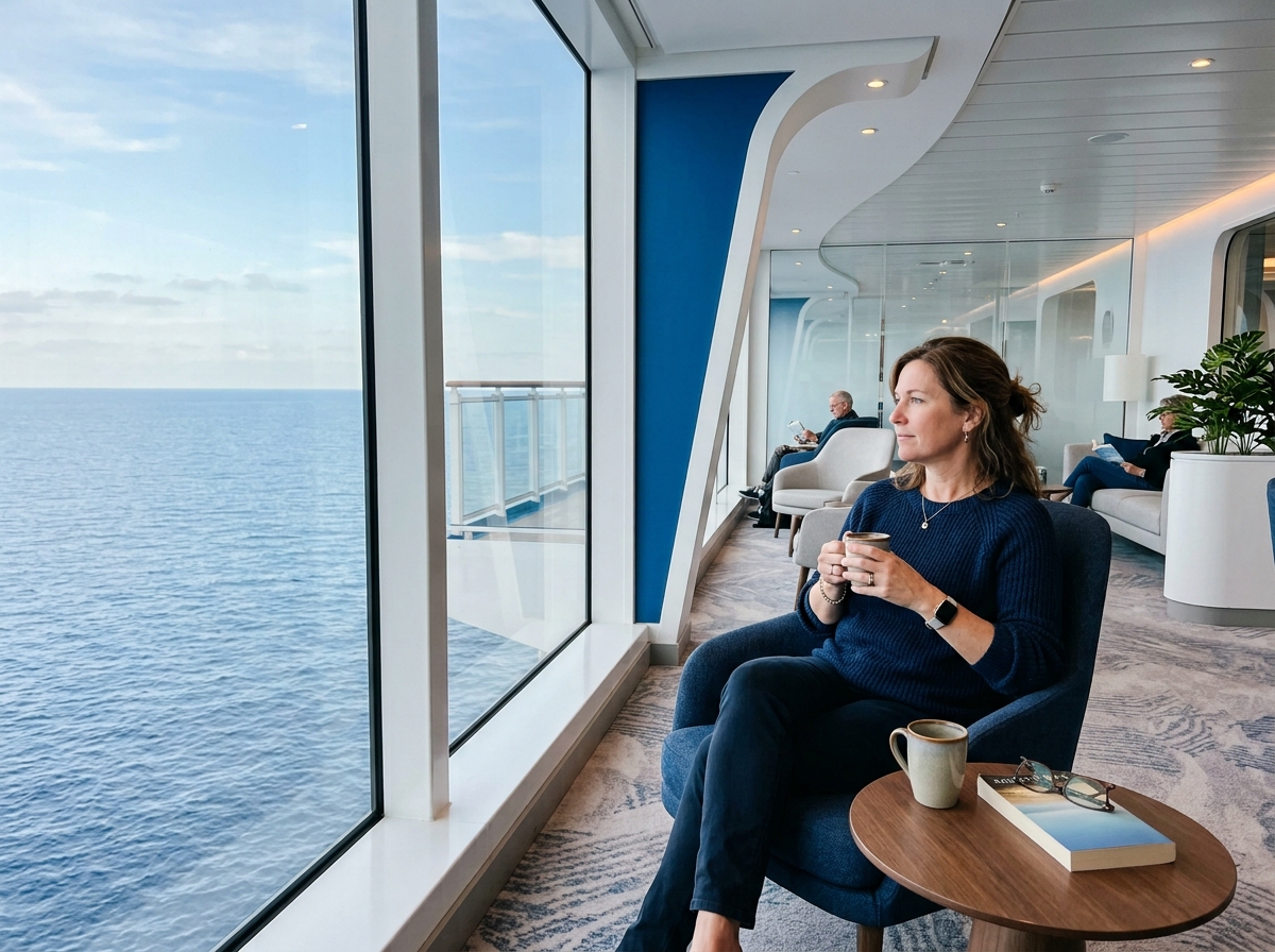 Adult traveler taking a calm break beside a cruise ship window